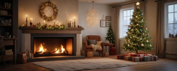 Cozy living room featuring a fireplaced Christmas tree adorned with snowflakes and ornaments , warm glow, comfortable seating, peaceful ambiance