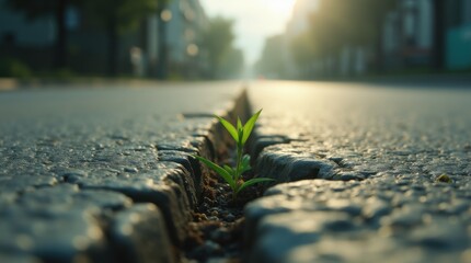 A bright green sprout breaks through the concrete on a city street at dawn