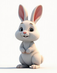 Fototapeta premium Cute 3D Cartoon Hare with Big Ears, Adorable Forest Animal on White Background 