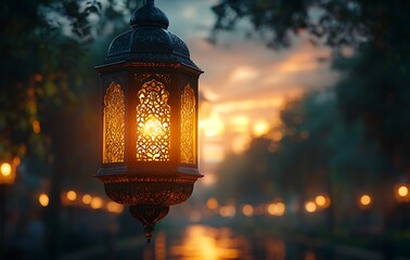 Illuminated Ornate Lantern Hanging with a Sunset-Lit Street in the Soft-Focus Background

