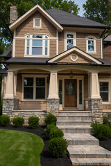 Fototapeta premium Craftsman Style Home Exterior: A Dream House with Stone and Wood Details