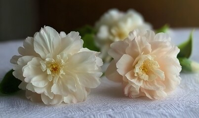 Peach-colored camellia blossoms on white textured surface, soft background, ideal for beauty or nature themes