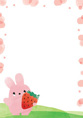 水彩のピンクの水玉と苺を持ったうさぎたちフレーム_縦