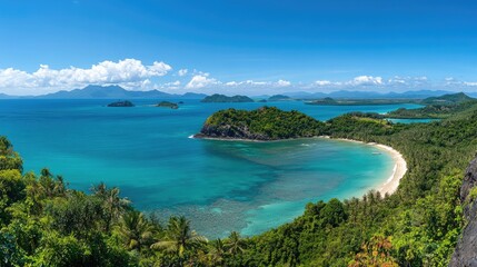 A panoramic view of a tropical island paradise with turquoise waves, white sand, and swaying palms under a vivid, sunny sky