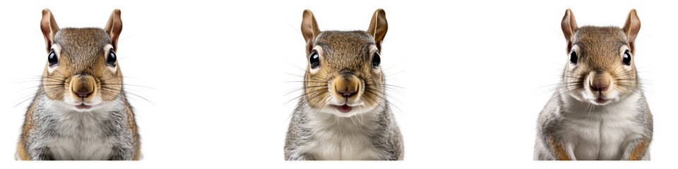 Obraz premium Grey cute squirrel face isolated on transparent background, PNG, Set of