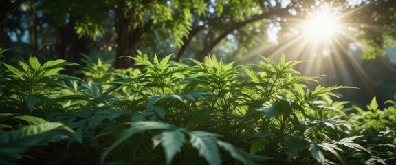 Obraz premium Dappled sunlight filters through the leafy greens of a mature marijuana crop, crops, forest canopy