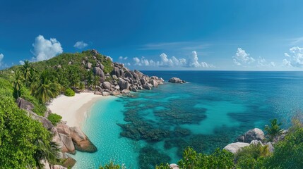 Naklejka premium A panoramic view of a tropical island paradise with turquoise waves, white sand, and swaying palms under a vivid, sunny sky