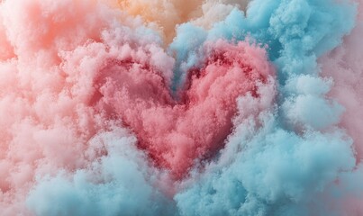 Fototapeta premium Pink heart-shaped cloud amidst pastel blue and orange smoke, ideal for romantic backgrounds