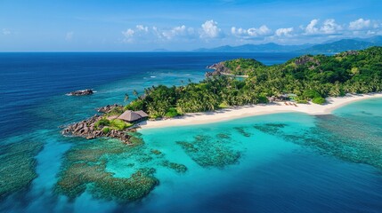 Fototapeta premium A panoramic view of a tropical island paradise with turquoise waves, white sand, and swaying palms under a vivid, sunny sky