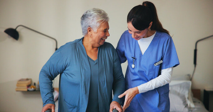 Walking, help and nurse with senior patient for rehabilitation, healing or support at retirement home. Medical, physical therapy and caregiver with elderly woman with disability for mobility recovery