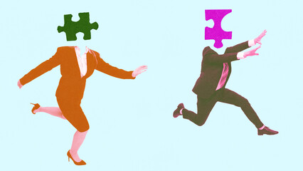 Conceptual art design. Businessman and businesswoman running toward each other with puzzle-piece...