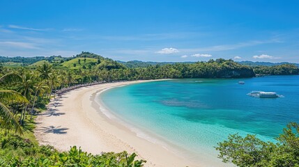 Fototapeta premium A serene tropical beach with turquoise waters, white sands, and tall palm trees under a bright, cloudless blue sky