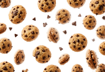 Falling chocolate chip cookies isolated on transparent or white background