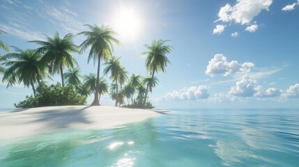 A serene tropical island with clear turquoise water, white sand, and tall palm trees under a sunny, cloudless sky