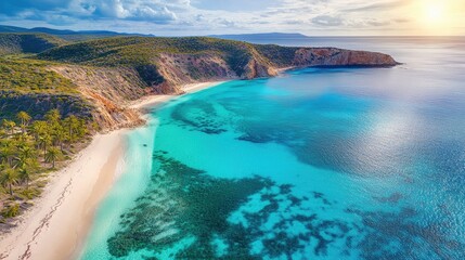 A stunning tropical coastline with crystal-clear turquoise waters, soft white beaches, and vibrant palm trees under the sun