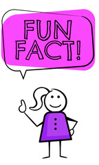 Stickman character points at a Fun Fact announcement banner, Basic stick figure design character isolated on a white or transparent background