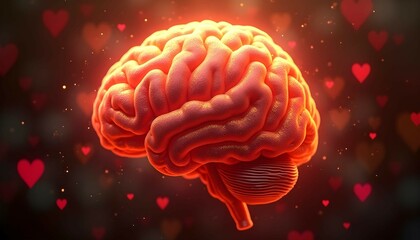 Obraz premium Glowing Human Brain with Hearts Background 3d Render