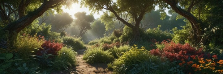 Fototapeta premium Dense undergrowth with vines and shrubs cleared in a circular area, natural process, undergrowth