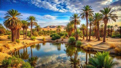Desert landscape with a small oasis in the distance, surrounded by palm trees and greenery, green spaces, deserts oases
