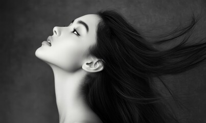 Fototapeta premium Monochrome portrait woman looking up with flowing hair.