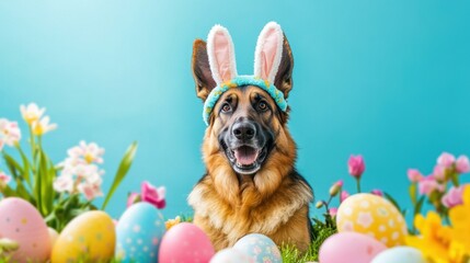 A German Shepherd wearing a headband with bunny ears against a blue background, creating an Easter atmosphere. Bright and cheerful elements combined with the festive theme of Easter