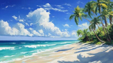 Obraz premium A wide tropical beach scene with clear turquoise water, soft white sand, and vibrant palm trees under a bright blue sky