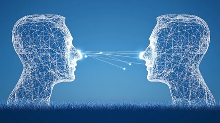 Two wired heads face each other in a field. Use concept