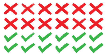 Dirty grunge hand drawn check mark and cross. Brush strokes cross X and tick OK check marks _ stock vector.