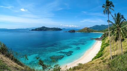 Fototapeta premium A wide-angle view of a tropical island, calm turquoise sea, bright white sand, and tall palm trees under a cloudless sky