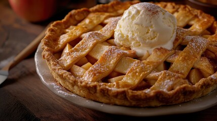 Apple pie with ice cream on a wooden background. Selective focus.