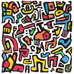 a colorful abstract design featuring bold shapes and patterns against a black background. The artwork uses vibrant hues such as red, yellow, blue, green, and orange.