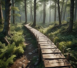 Elevated trail made from timber in thick, wild woodland, bridge, scenic, foliage, wooden