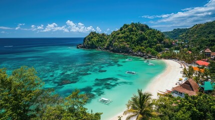 Beautiful tropical island view with turquoise waters, pristine white sands, and vibrant palm trees under bright, sunny skies