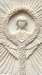 Intricate White Angel Sculpture with Wings and Heart-Shaped Details in a Calm Indoor Setting