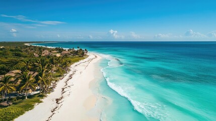Obraz premium Idyllic tropical coastline with turquoise waters, white sand beaches, and palm trees under a warm, clear sky