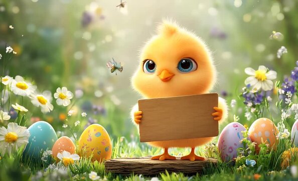 Fluffy yellow chick presenting an empty wooden sign in a colorful easter town with decorated eggs 
