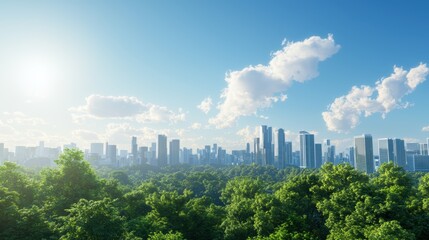 Futuristic Cityscape Highlighting Sustainable Architecture Amidst Lush Greenery and Blue Sky
