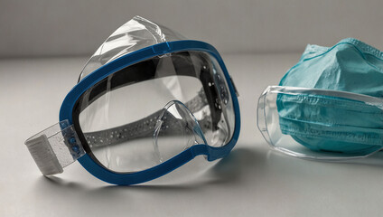 Medical Safety Equipment. Masks, protective clothing,medical gloves,eye protection, face protection. on a plain white background