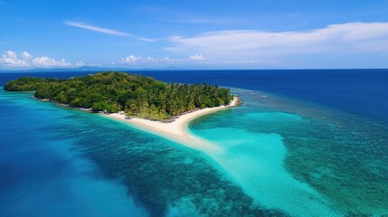 Idyllic tropical island with turquoise ocean, white sand shoreline, and lush palm trees swaying under bright, clear skies