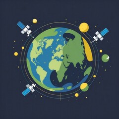 Fototapeta premium Earth Surrounded by Satellites and Planets in Space Illustration