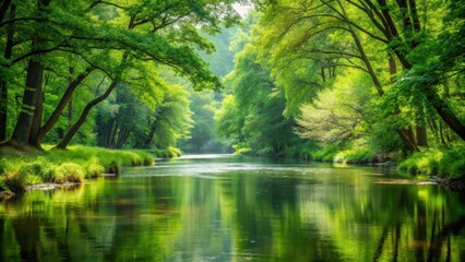 Obraz premium Water serene river flowing through dense lush green woods forest, flow, calmness, flow, calmness, woods, scenery