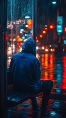 Fototapeta premium A person in a blue hoodie sitting at a bus stop, looking out at a rainy street as the lights reflect on the pavement