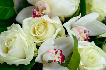 Close-up Bouquet of white roses and orchids in lower packaging. Valentine's day and love concept