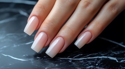 Close-up of elegant nude square-shaped nails on a woman's hand, resting on a dark marble surface.