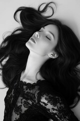 Woman with dark hair lies on white surface.