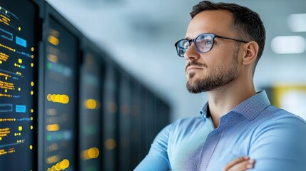 Businessman Standing in a Modern Well Equipped Data Center Surrounded by Server Racks Networking Equipment and Other Advanced Technology  He Appears Focused and Contemplative