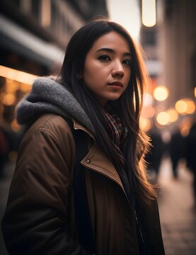 Close up street photo portrait of a woman in a heavy jacket on a city street