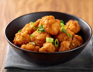 spicy popcorn chicken bites served in a black bowl with green onion garnish featuring crispy coating and bold seasoning for a perfect snack or appetizer option