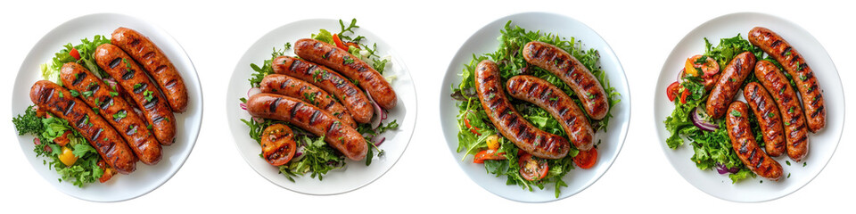 Grilled pork sausage with salad on white plate isolated on transparent background, PNG, Set of