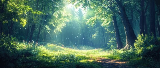 Obraz premium A sunbeam shines through a lush, green forest, illuminating a dirt path leading deep into the woods.